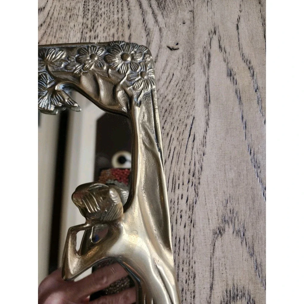 Vintage Lady Mirror Art Deco Nouveau Brass Vanity Table Top Mirror 9.5X12 Flower